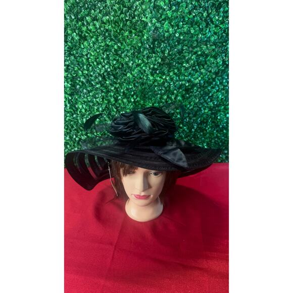 Vtg Sears Black Swinger Kentucky Derby Hat Wide Brim Ostrich Feather Rose NWT main image 8